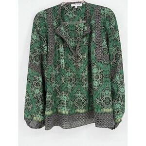 Rose & Olive Green Print Long Sleeve Top Blouse Bohemian Women Sz‎ L